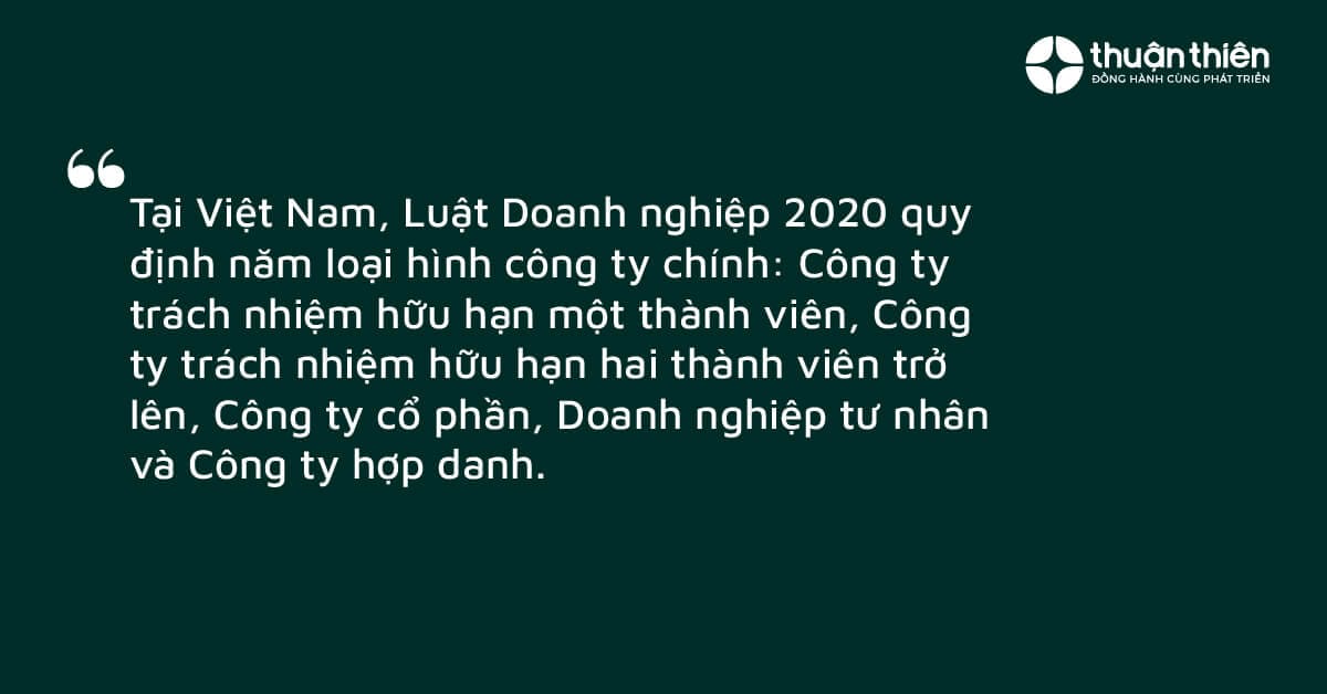 Tại Việt Nam, Luật Doanh nghiệp 2020 quy định năm loại h&igrave;nh c&ocirc;ng ty ch&iacute;nh: C&ocirc;ng ty tr&aacute;ch nhiệm hữu hạn một th&agrave;nh vi&ecirc;n, C&ocirc;ng ty tr&aacute;ch nhiệm hữu hạn hai th&agrave;nh vi&ecirc;n trở l&ecirc;n, C&ocirc;ng ty cổ phần, Doanh nghiệp tư nh&acirc;n v&agrave; C&ocirc;ng ty hợp danh.