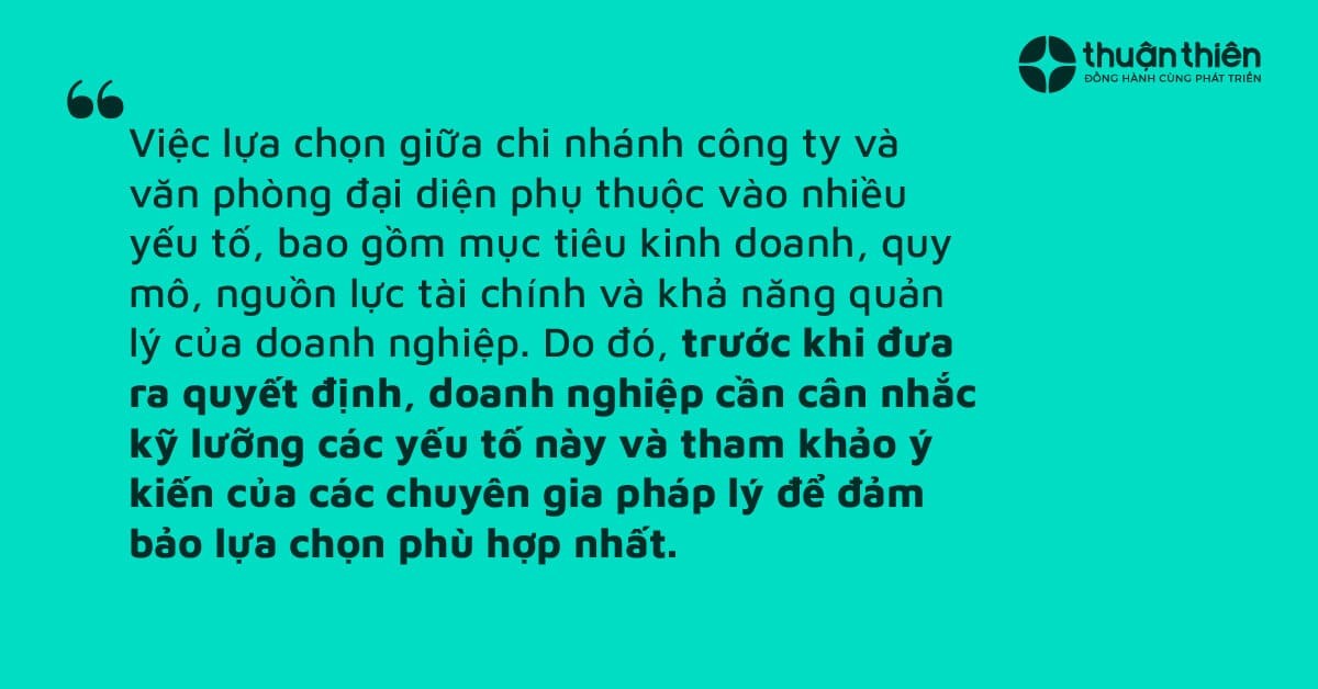 Việc lựa chọn giữa chi nh&aacute;nh c&ocirc;ng ty v&agrave; văn ph&ograve;ng đại diện phụ thuộc v&agrave;o nhiều yếu tố, bao gồm mục ti&ecirc;u kinh doanh, quy m&ocirc;, nguồn lực t&agrave;i ch&iacute;nh v&agrave; khả năng quản l&yacute; của doanh nghiệp.