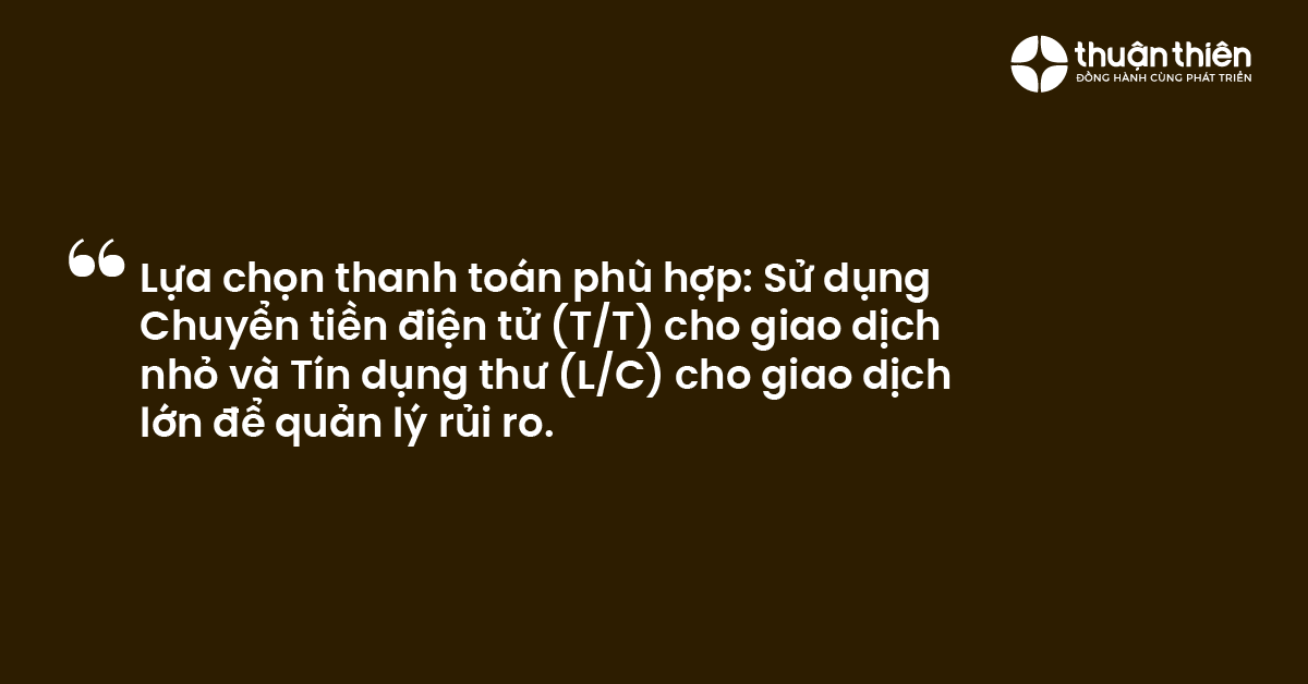 Lựa chọn thanh to&aacute;n ph&ugrave; hợp: Sử dụng Chuyển tiền điện tử (T/T) cho giao dịch nhỏ v&agrave; T&iacute;n dụng thư (L/C) cho giao dịch lớn để quản l&yacute; rủi ro.